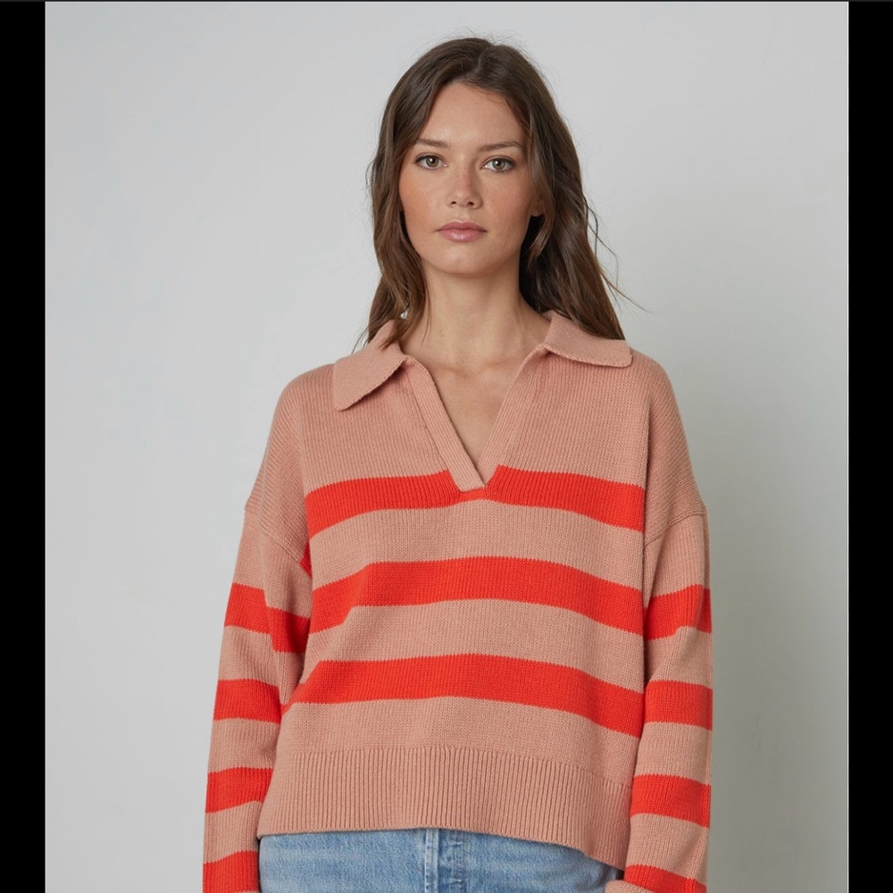LUCIE STRIPED POLO SWEATER - Velvet by Graham & Spencer Size Large